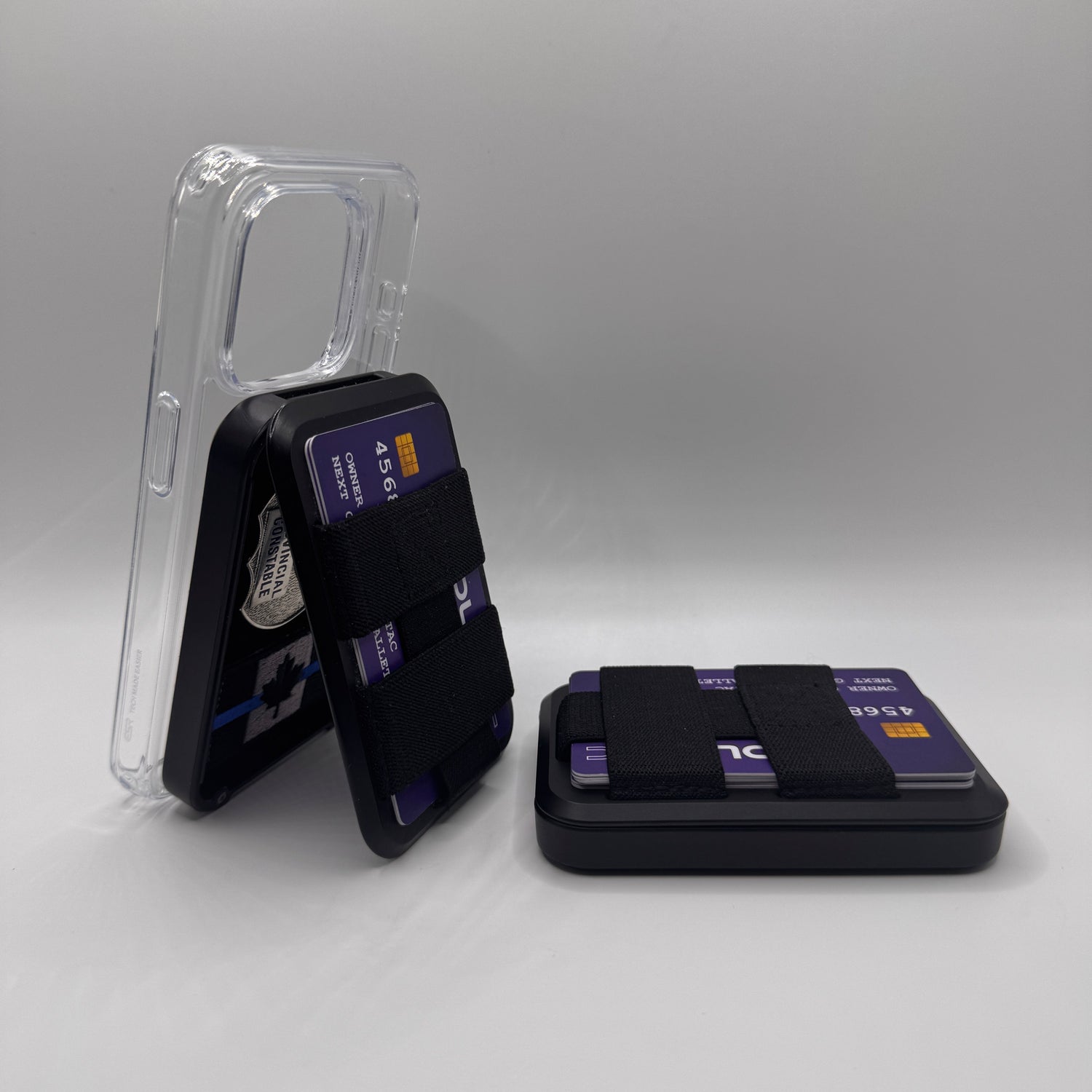 Two Next Generation Badge Wallets with one attached to a phone case with magsafe and one that is not. Both are slimmer than Badge Boys