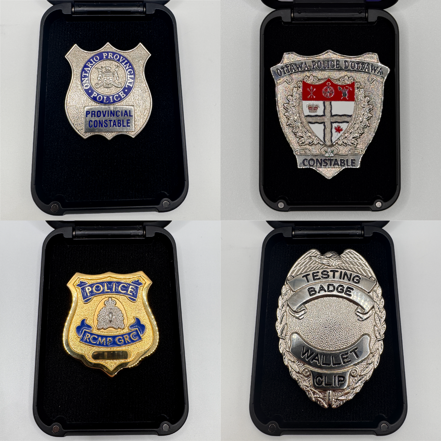 Four examples of police badges held securely inside the badge wallet. 
