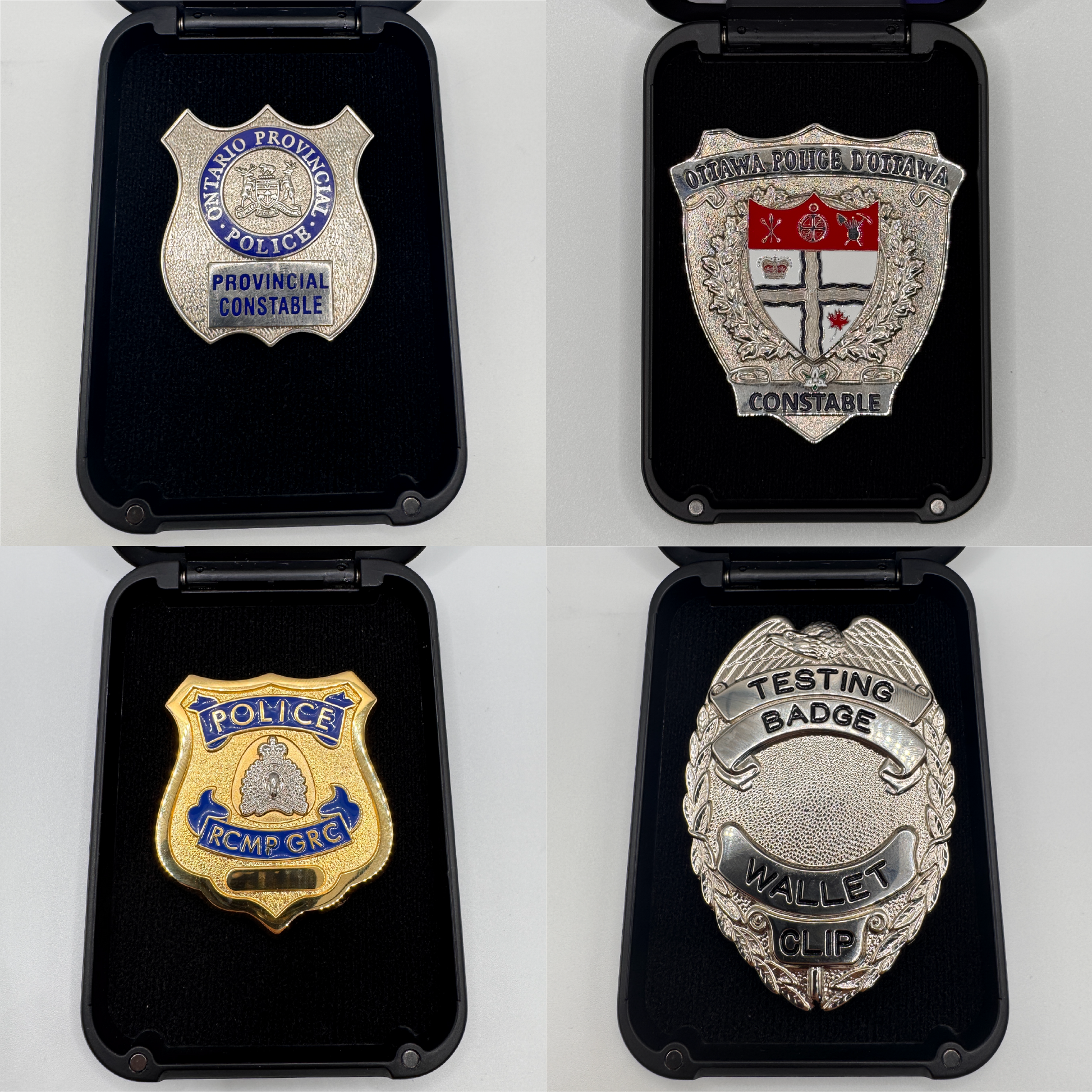 Four examples of police badges held securely inside the badge wallet. 