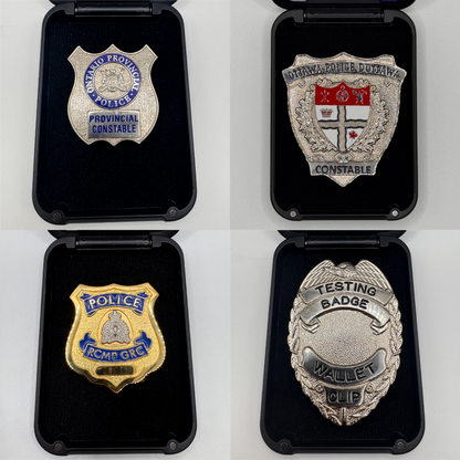 Four examples of police badges held securely inside the badge wallet. 