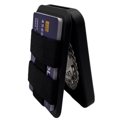 A Slim Badge Wallet showing the badge inside and the several civilian cards accessible on the outside. 