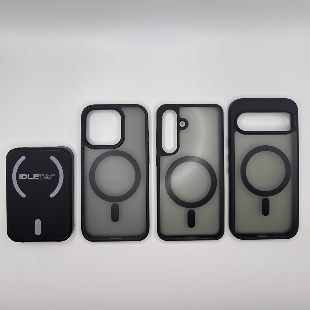 The world's only magsafe badge wallet seen next to 3 different magsafe cases that are compatible with the badge wallet.