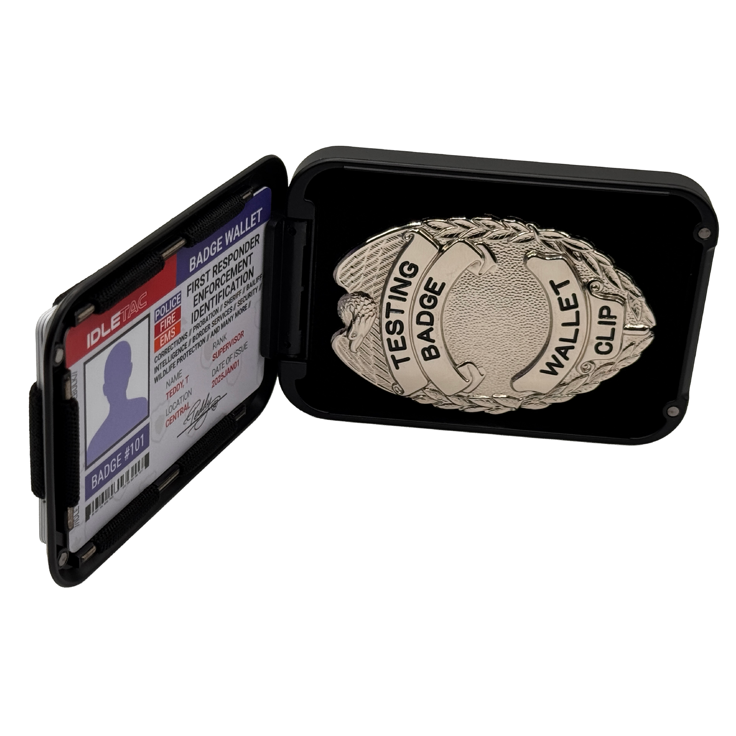 Badge wallet with a badge inside and sample ID warrant card on a clear background