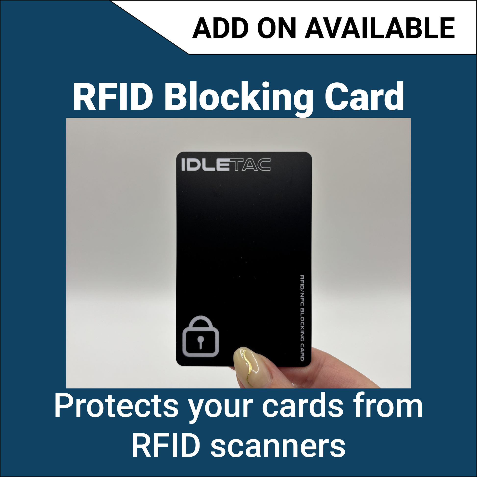 An RFID blocking card for use in the next generation badge wallet. A image of the card held up on it's side