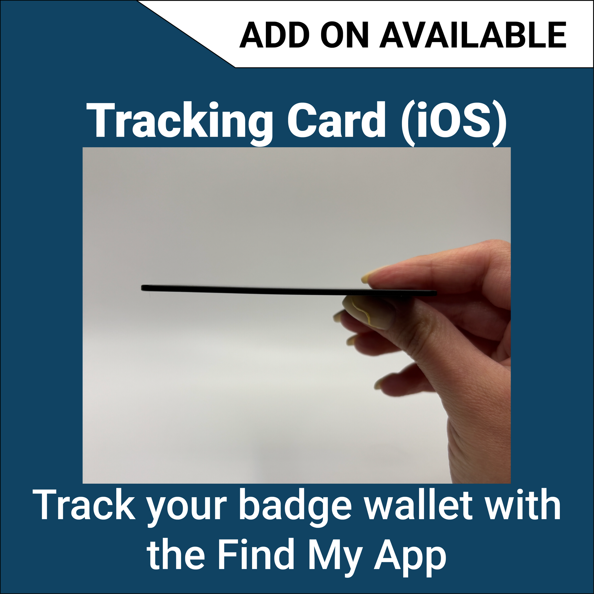 A side image of a tracking card to go in the next gen badge wallet. Held up by a hand. 