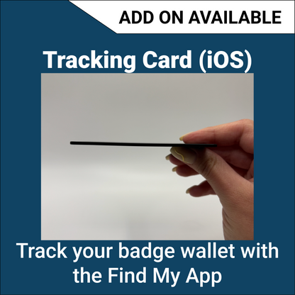 A side image of a tracking card to go in the next gen badge wallet. Held up by a hand. 